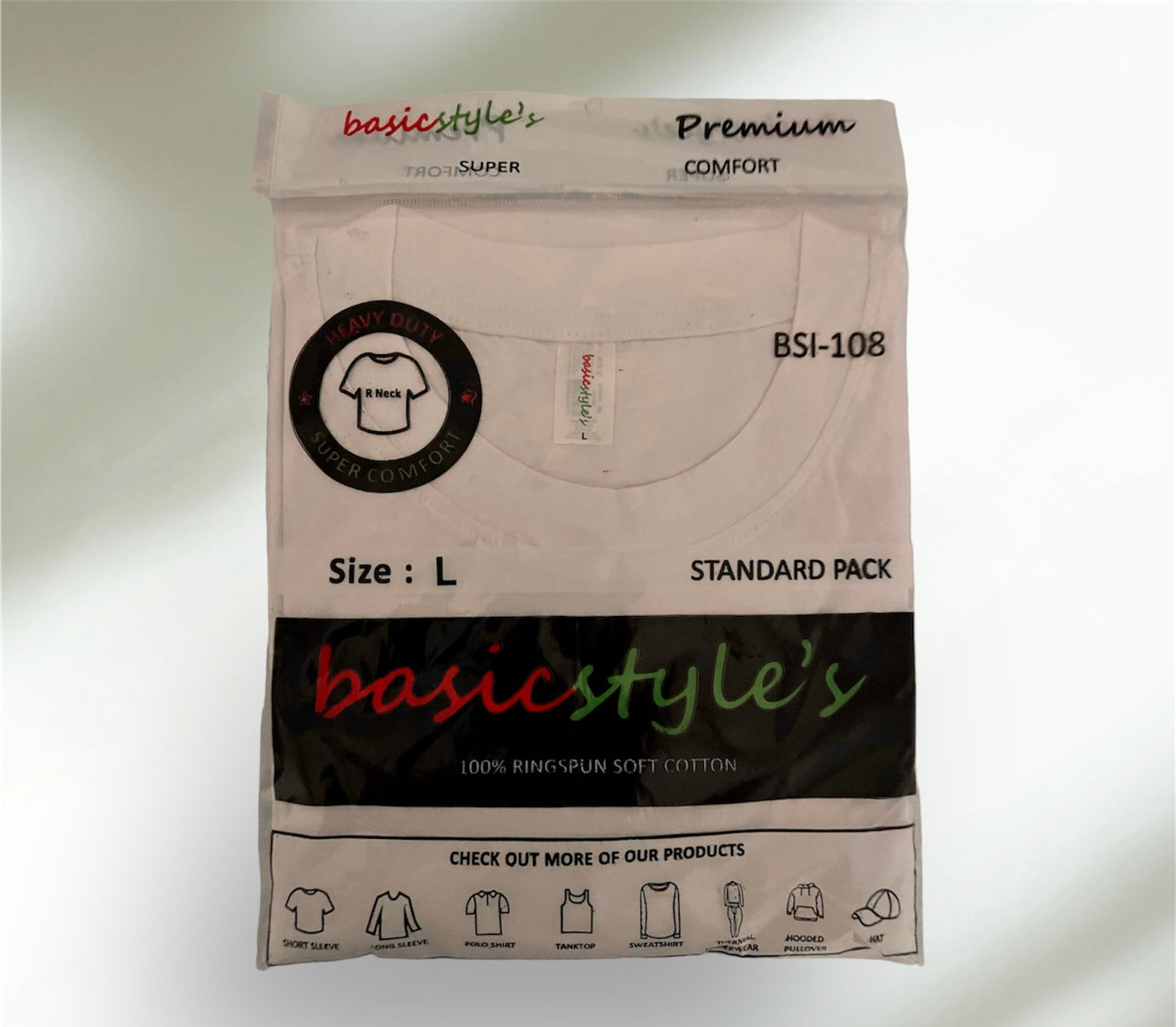 BSI 108  100% RIGNSPUN COTTON SHORT SLEEVE T-SHIRT  12PCS IN A  PACK EACH SIZE .